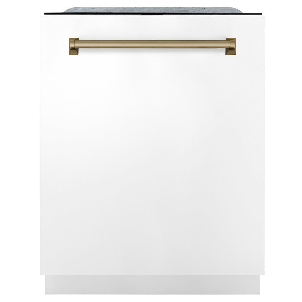 ZLINE Autograph Edition 24" Monument Series 3rd Rack Top Touch Control Tall Tub Dishwasher in White Matte with Champagne Bronze Handle, 45dBa (DWMTZ-WM-24-CB)