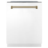 ZLINE Autograph Edition 24" Monument Series 3rd Rack Top Touch Control Tall Tub Dishwasher in White Matte with Champagne Bronze Handle, 45dBa (DWMTZ-WM-24-CB)