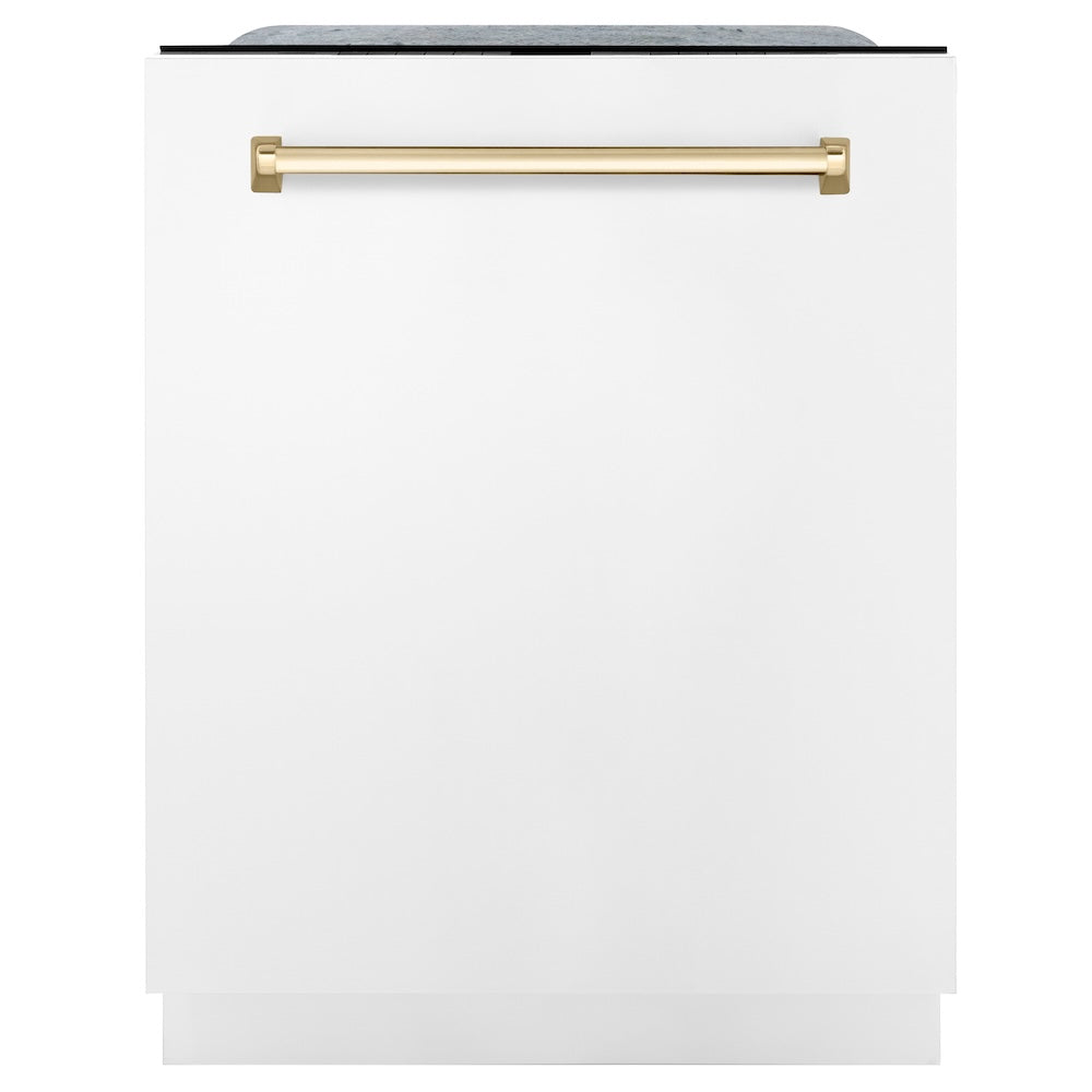 ZLINE Autograph Edition 24" Monument Series 3rd Rack Top Touch Control Tall Tub Dishwasher in White Matte with Polished Gold Handle, 45dBa (DWMTZ-WM-24-G)