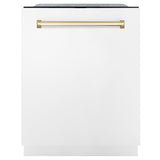 ZLINE Autograph Edition 24" Monument Series 3rd Rack Top Touch Control Tall Tub Dishwasher in White Matte with Polished Gold Handle, 45dBa (DWMTZ-WM-24-G)