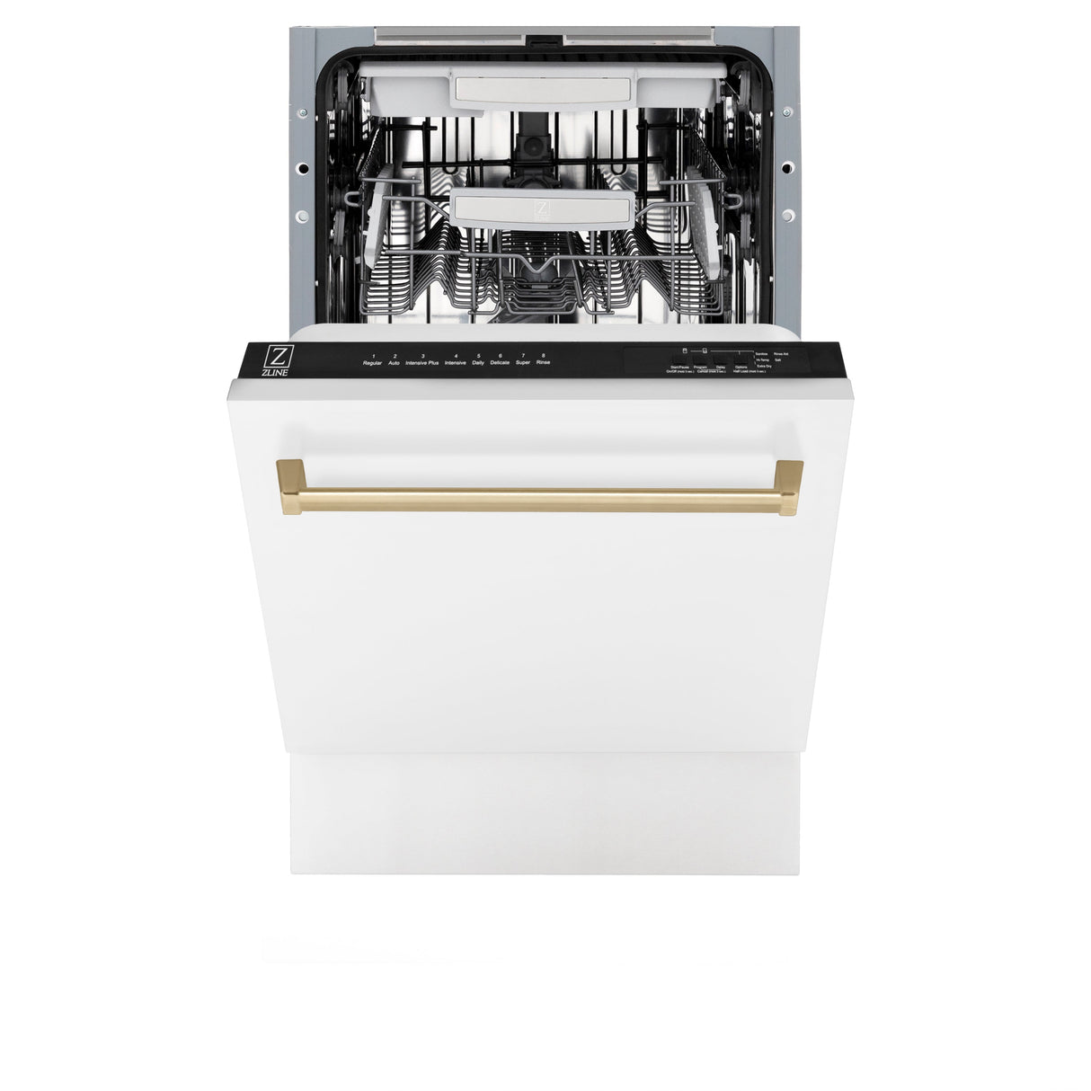 ZLINE Autograph Edition 18” Tallac Series 3rd Rack Top Control Built-In Dishwasher in White Matte with Champagne Bronze Handle, 51dBa (DWVZ-WM-18-CB)