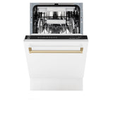 ZLINE Autograph Edition 18” Tallac Series 3rd Rack Top Control Built-In Dishwasher in White Matte with Champagne Bronze Handle, 51dBa (DWVZ-WM-18-CB)