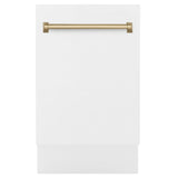 ZLINE Autograph Edition 18” Tallac Series 3rd Rack Top Control Built-In Dishwasher in White Matte with Champagne Bronze Handle, 51dBa (DWVZ-WM-18-CB)