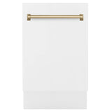 ZLINE Autograph Edition 18” Tallac Series 3rd Rack Top Control Built-In Dishwasher in White Matte with Champagne Bronze Handle, 51dBa (DWVZ-WM-18-CB)