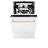 ZLINE Autograph Edition 18” Tallac Series 3rd Rack Top Control Built-In Dishwasher in White Matte with Polished Gold Handle, 51dBa (DWVZ-WM-18-G)