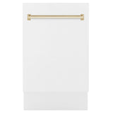 ZLINE Autograph Edition 18” Tallac Series 3rd Rack Top Control Built-In Dishwasher in White Matte with Polished Gold Handle, 51dBa (DWVZ-WM-18-G)