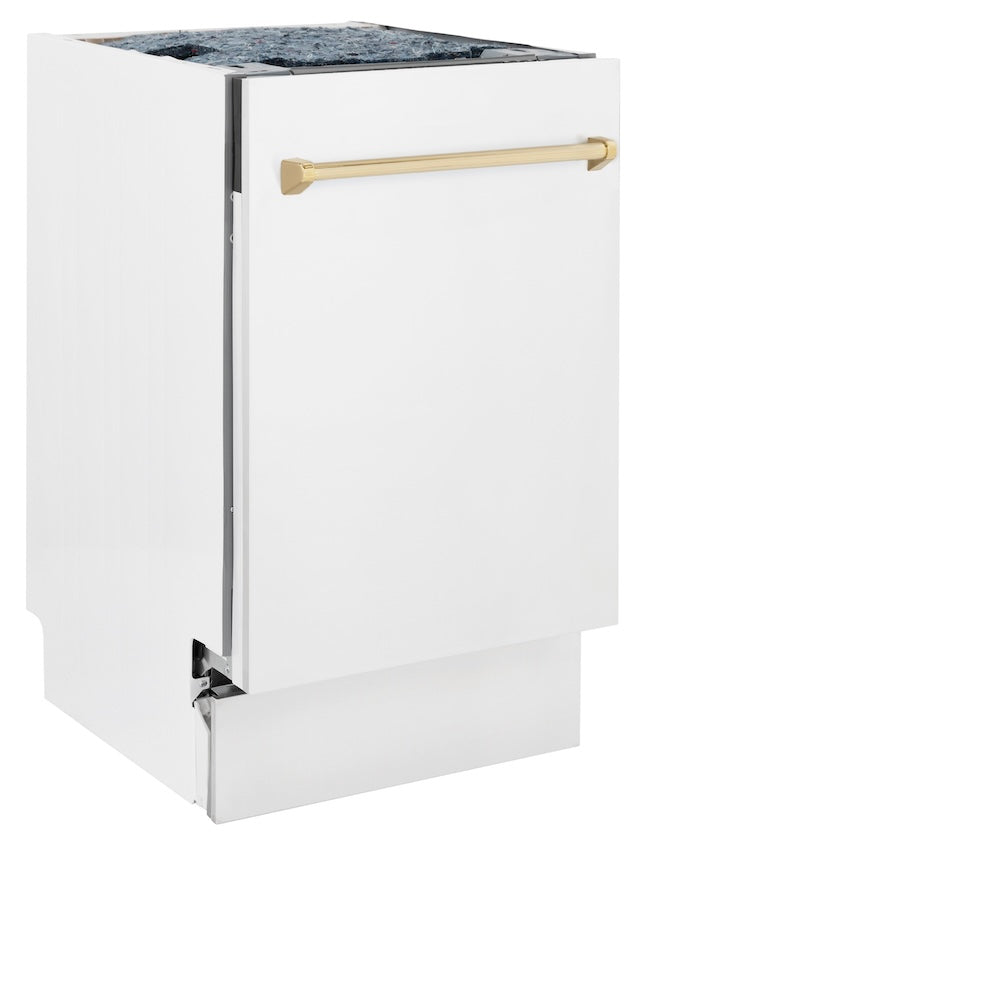 ZLINE Autograph Edition 18” Tallac Series 3rd Rack Top Control Built-In Dishwasher in White Matte with Polished Gold Handle, 51dBa (DWVZ-WM-18-G)