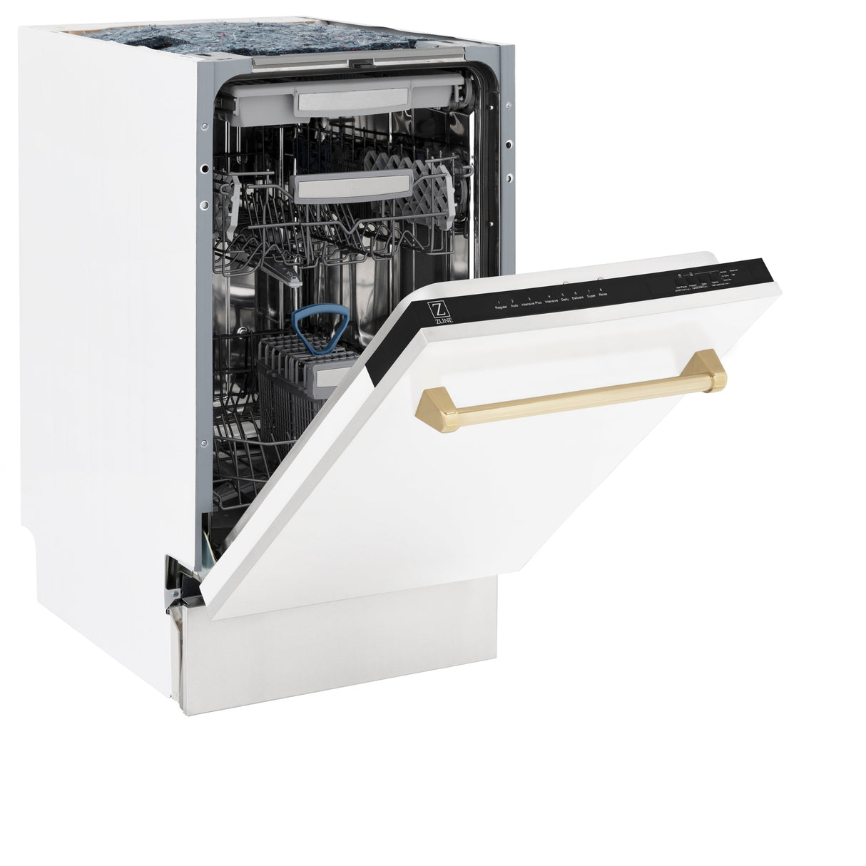 ZLINE Autograph Edition 18” Tallac Series 3rd Rack Top Control Built-In Dishwasher in White Matte with Polished Gold Handle, 51dBa (DWVZ-WM-18-G)