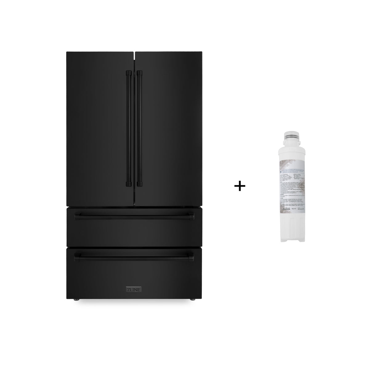 ZLINE 36 in. 21.6 cu. ft. Counter-Depth French Door Refrigerator with Water and Ice Dispenser with Extra Water Filter in Fingerprint-Resistant Black Stainless Steel (RFM-W-WF-36-BS)
