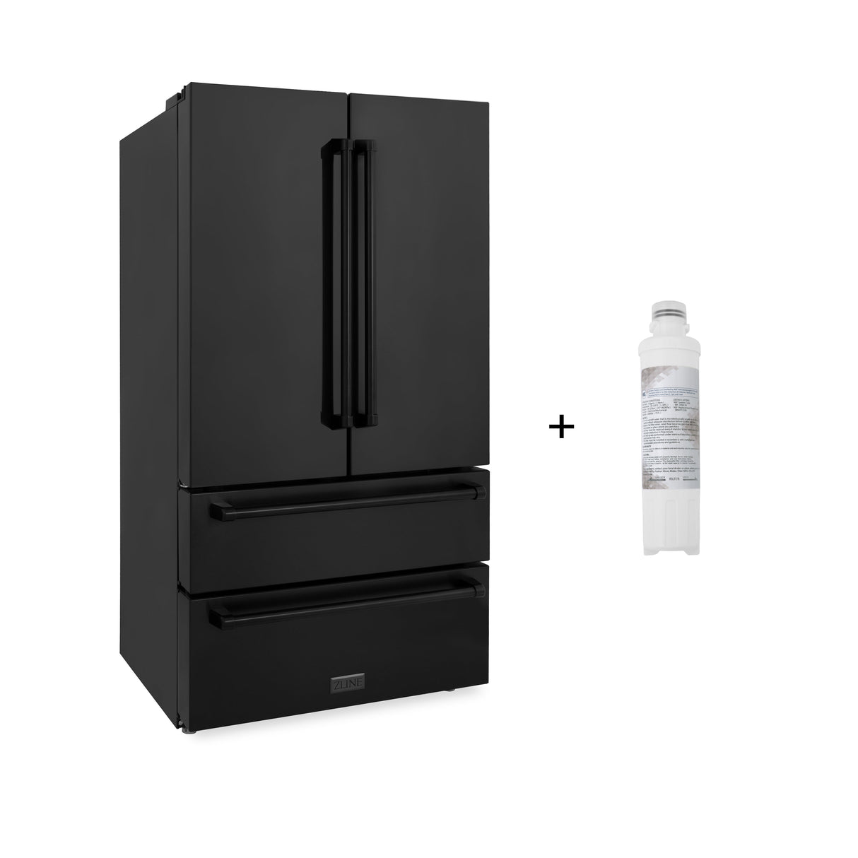 ZLINE 36 in. 21.6 cu. ft. Counter-Depth French Door Refrigerator with Water and Ice Dispenser with Extra Water Filter in Fingerprint-Resistant Black Stainless Steel (RFM-W-WF-36-BS)