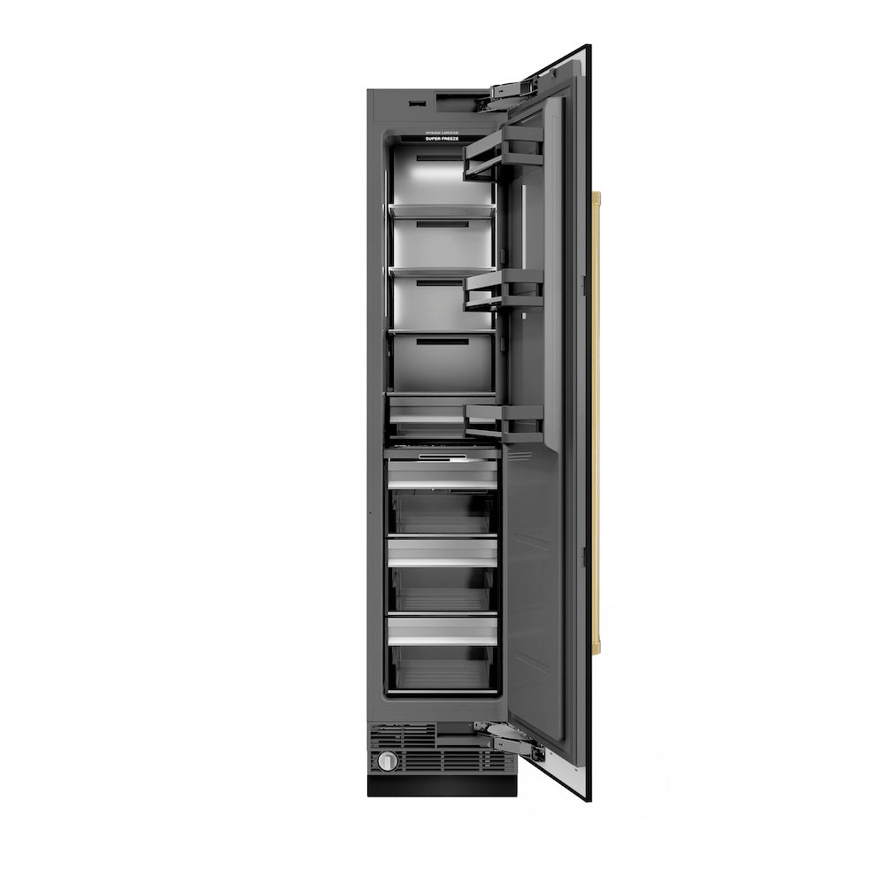 ZLINE Autograph Edition 18 in. 8.6 cu. ft. Right Hinge Column Freezer in Black Stainless Steel with Graphite Gray Interior and Polished Gold Accents (RCFVRZ-BS-18-G)