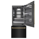 ZLINE Autograph Edition 36 in. 19.8 cu. ft. Built-In Bottom Freezer Refrigerator with Water Dispenser and Ice Maker in Black Stainless Steel with Graphite Gray Interior and Champagne Bronze Accents (GRBITZ-BS-36-CB)