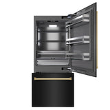 ZLINE Autograph Edition 36 in. 19.8 cu. ft. Built-In Bottom Freezer Refrigerator with Water Dispenser and Ice Maker in Black Stainless Steel with Graphite Gray Interior and Polished Gold Accents (GRBITZ-BS-36-G)