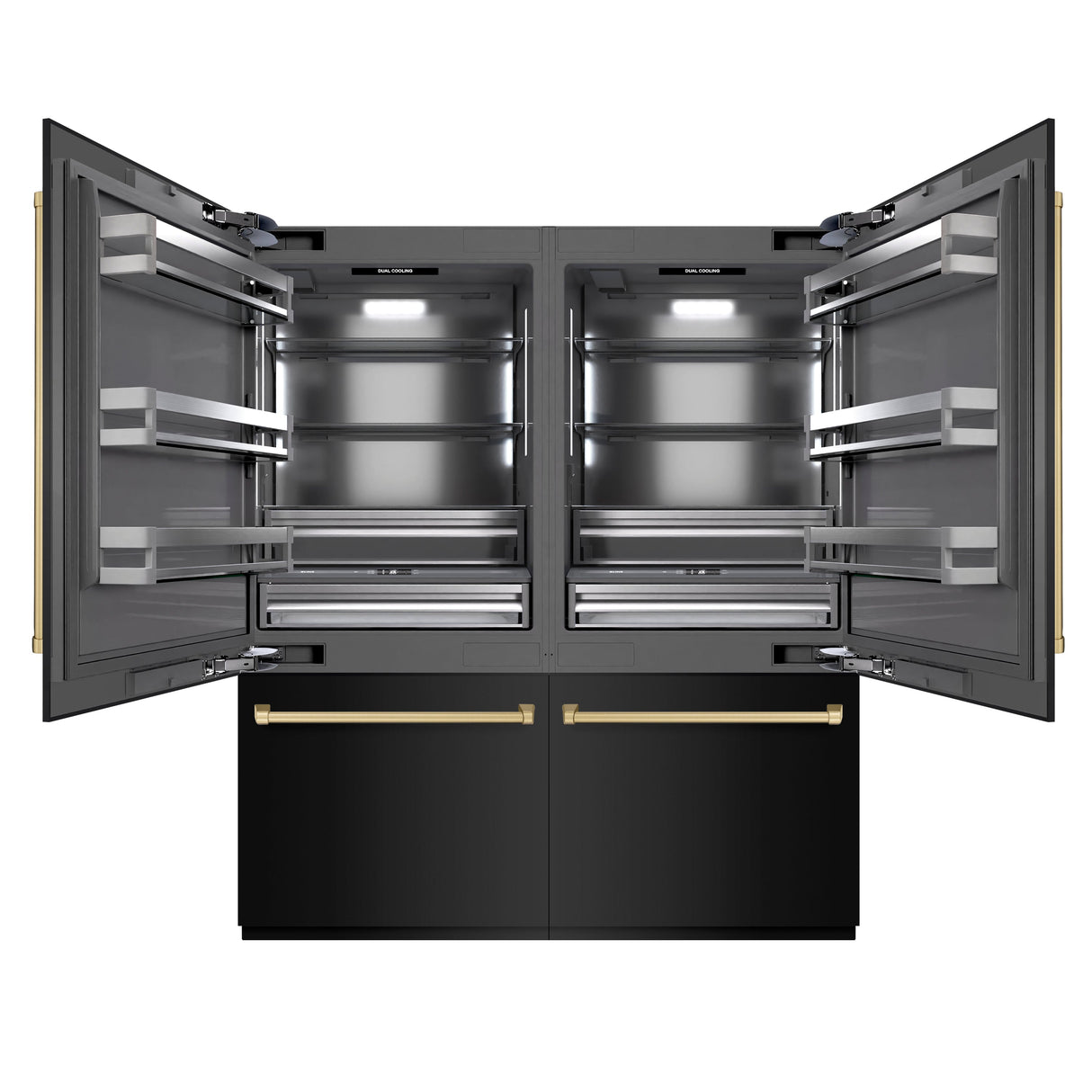 ZLINE Autograph Edition 72 in. 39.6 cu. ft. French Door Built-In Bottom Freezer Refrigerator with Water Dispensers and Ice Makers in Black Stainless Steel with Graphite Gray Interior and Champagne Bronze Accents (GRBITZ-BS-72-CB)