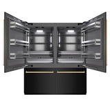 ZLINE Autograph Edition 72 in. 39.6 cu. ft. French Door Built-In Bottom Freezer Refrigerator with Water Dispensers and Ice Makers in Black Stainless Steel with Graphite Gray Interior and Polished Gold Accents (GRBITZ-BS-72-G)