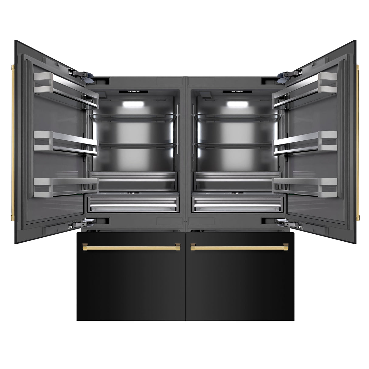 ZLINE Autograph Edition 72 in. 39.6 cu. ft. French Door Built-In Bottom Freezer Refrigerator with Water Dispensers and Ice Makers in Black Stainless Steel with Graphite Gray Interior and Polished Gold Accents (GRBITZ-BS-72-G)