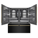 ZLINE Autograph Edition 72 in. 39.6 cu. ft. French Door Built-In Bottom Freezer Refrigerator with Water Dispensers and Ice Makers in Black Stainless Steel with Graphite Gray Interior and Polished Gold Accents (GRBITZ-BS-72-G)