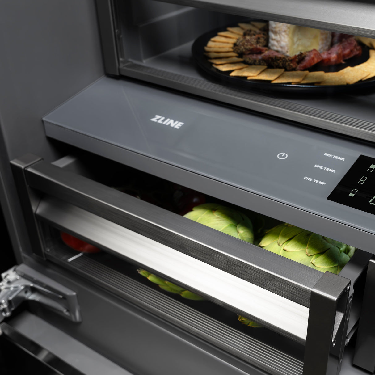 ZLINE 36 in. 19.6 cu. ft. French Door Built-In Bottom Freezer Refrigerator with Water Dispenser and Ice Maker in Black Stainless Steel with Graphite Gray Interior (GRBIV-BS-36)