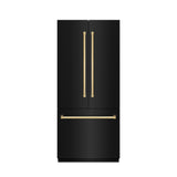 ZLINE Autograph Edition 36 in. 19.6 cu. ft. French Door Built-In Bottom Freezer Refrigerator with Water Dispenser and Ice Maker in Black Stainless Steel with Graphite Gray Interior and Polished Gold Accents (GRBIVZ-BS-36-G)