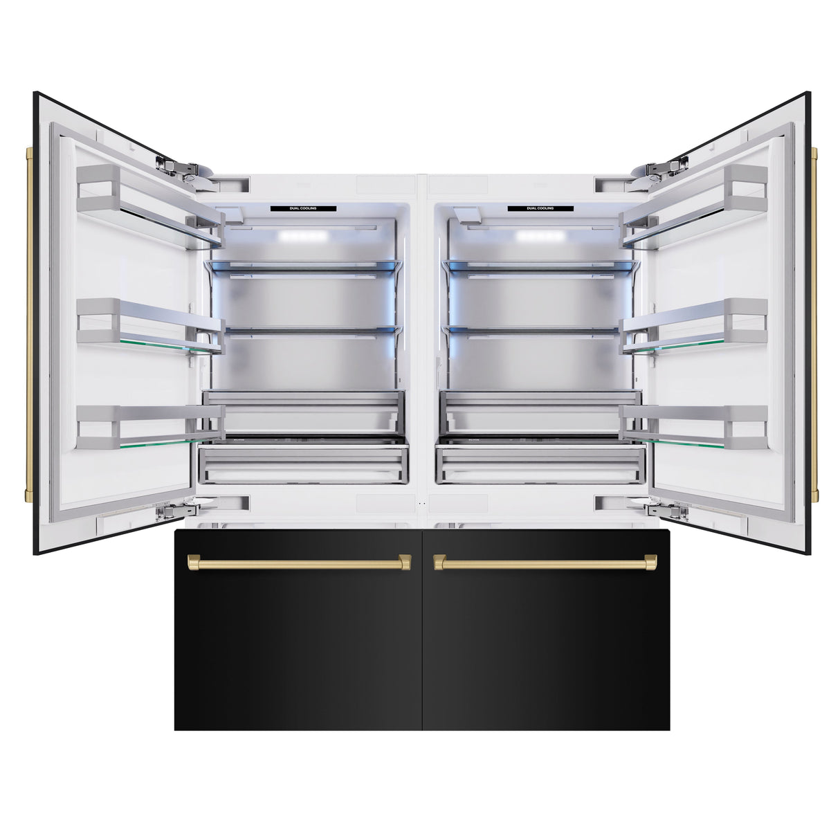 ZLINE Autograph Edition 72 in. 39.6 cu. ft. French Door Built-In Bottom Freezer Refrigerator with Water Dispensers and Ice Makers in Black Stainless Steel and Champagne Bronze Accents (RBITZ-BS-72-CB)