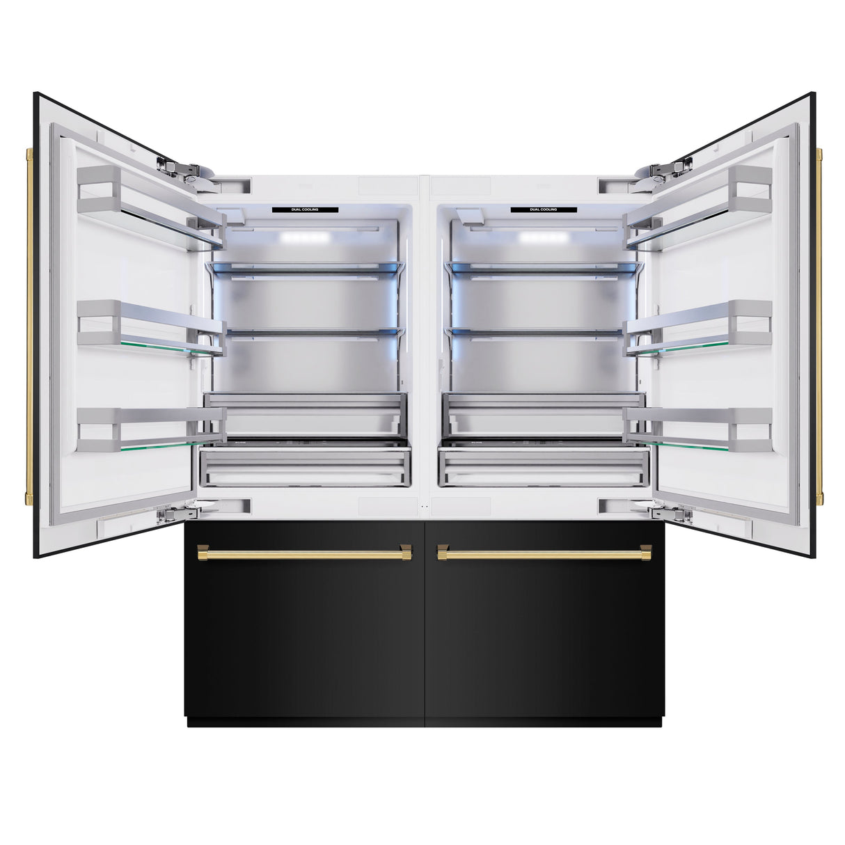 ZLINE Autograph Edition 72 in. 39.6 cu. ft. French Door Built-In Bottom Freezer Refrigerator with Water Dispensers and Ice Makers in Black Stainless Steel and Polished Gold Accents (RBITZ-BS-72-G)