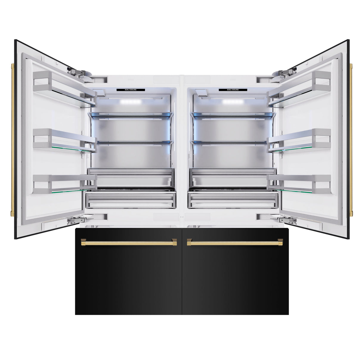 ZLINE Autograph Edition 72 in. 39.6 cu. ft. French Door Built-In Bottom Freezer Refrigerator with Water Dispensers and Ice Makers in Black Stainless Steel and Polished Gold Accents (RBITZ-BS-72-G)