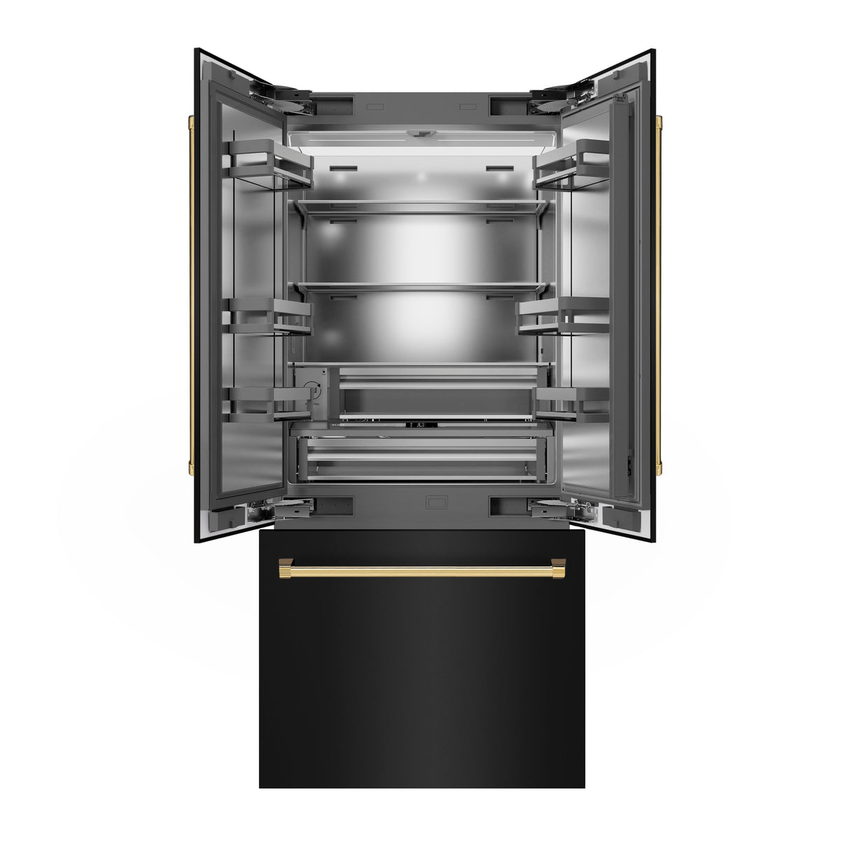 ZLINE Autograph Edition 36 in. 19.6 cu. ft. French Door Built-In Bottom Freezer Refrigerator with Water Dispenser and Ice Maker in Black Stainless Steel with Stainless Steel Interior and Polished Gold Accents (SRBIVZ-BS-36-G)