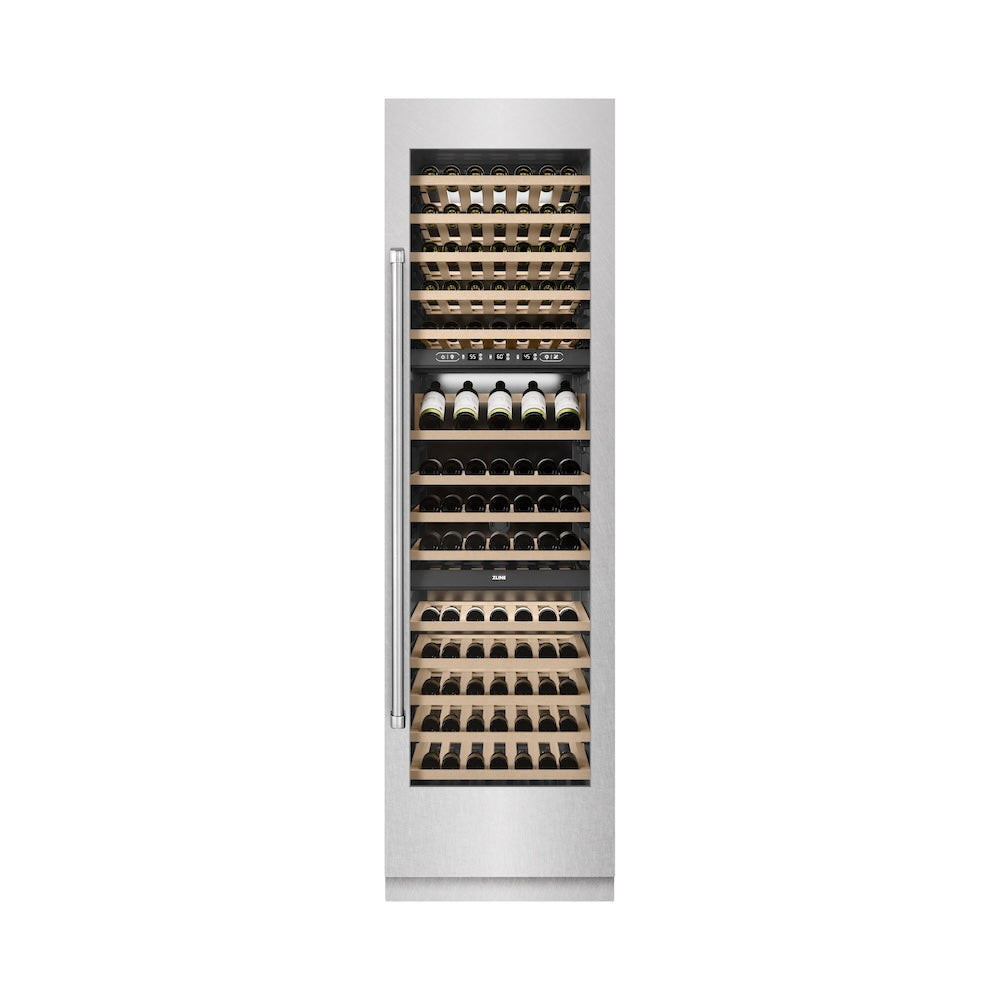 ZLINE 24 in. 12.4 cu. ft. Triple Zone 100 Bottle Column Wine Cooler in Satin Stainless Steel (RCWV-SN-24)
