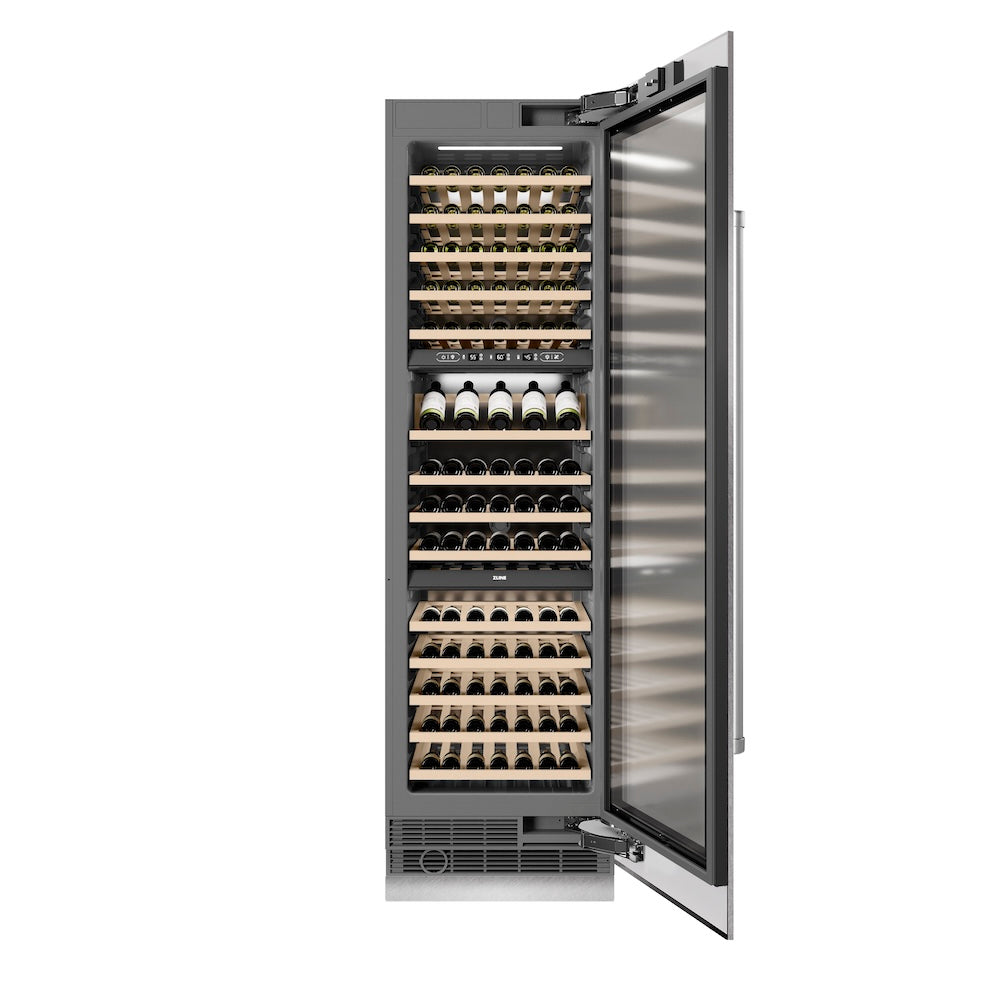 ZLINE 24 in. 12.4 cu. ft. Triple Zone 100 Bottle Column Wine Cooler in Satin Stainless Steel (RCWV-SN-24)