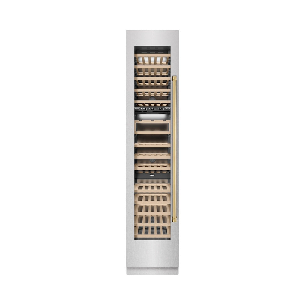 ZLINE Autograph Edition 18 in. 9.0 cu. ft. Triple Zone 68 Bottle Left Hinge Column Wine Cooler in Satin Stainless Steel with Polished Gold Accents (RCWVLZ-SN-18-G)