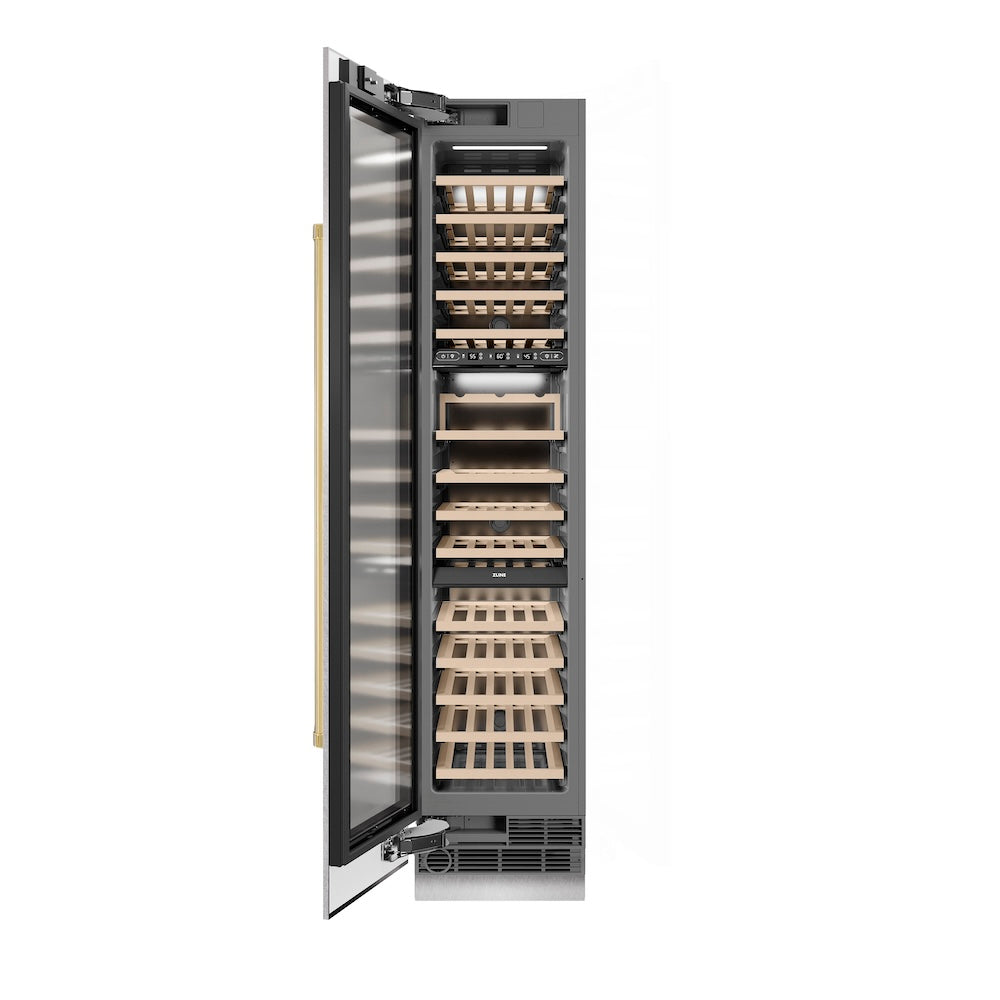 ZLINE Autograph Edition 18 in. 9.0 cu. ft. Triple Zone 68 Bottle Left Hinge Column Wine Cooler in Satin Stainless Steel with Polished Gold Accents (RCWVLZ-SN-18-G)