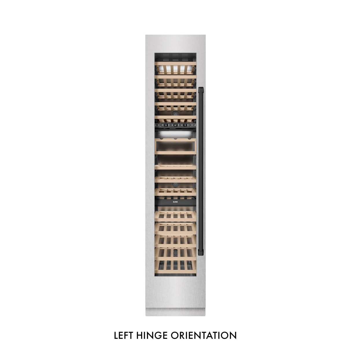 ZLINE Autograph Edition 18 in. 9.0 cu. ft. Triple Zone 68 Bottle Left Hinge Column Wine Cooler in Satin Stainless Steel with Matte Black Accents (RCWVLZ-SN-18-MB)