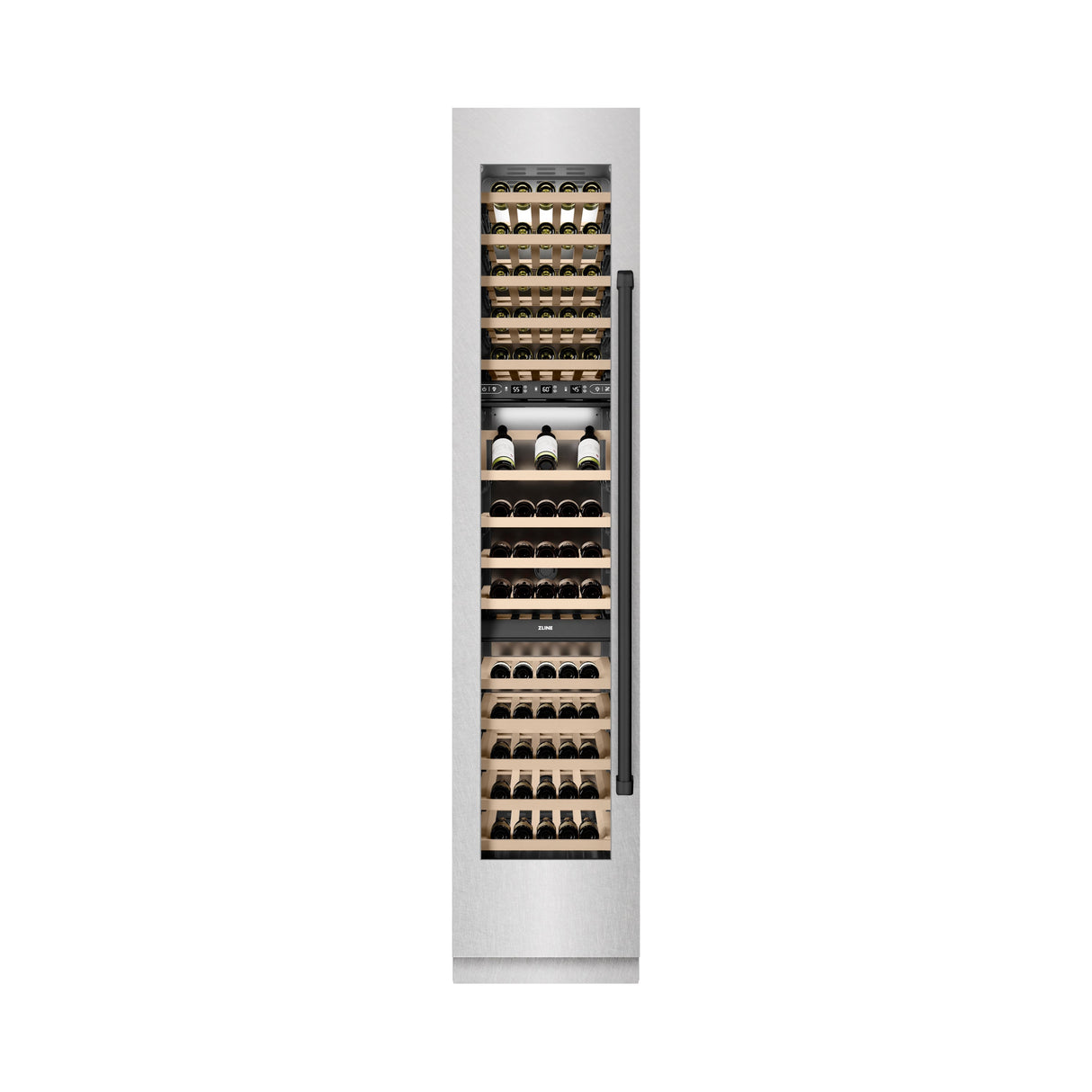 ZLINE Autograph Edition 18 in. 9.0 cu. ft. Triple Zone 68 Bottle Left Hinge Column Wine Cooler in Satin Stainless Steel with Matte Black Accents (RCWVLZ-SN-18-MB)