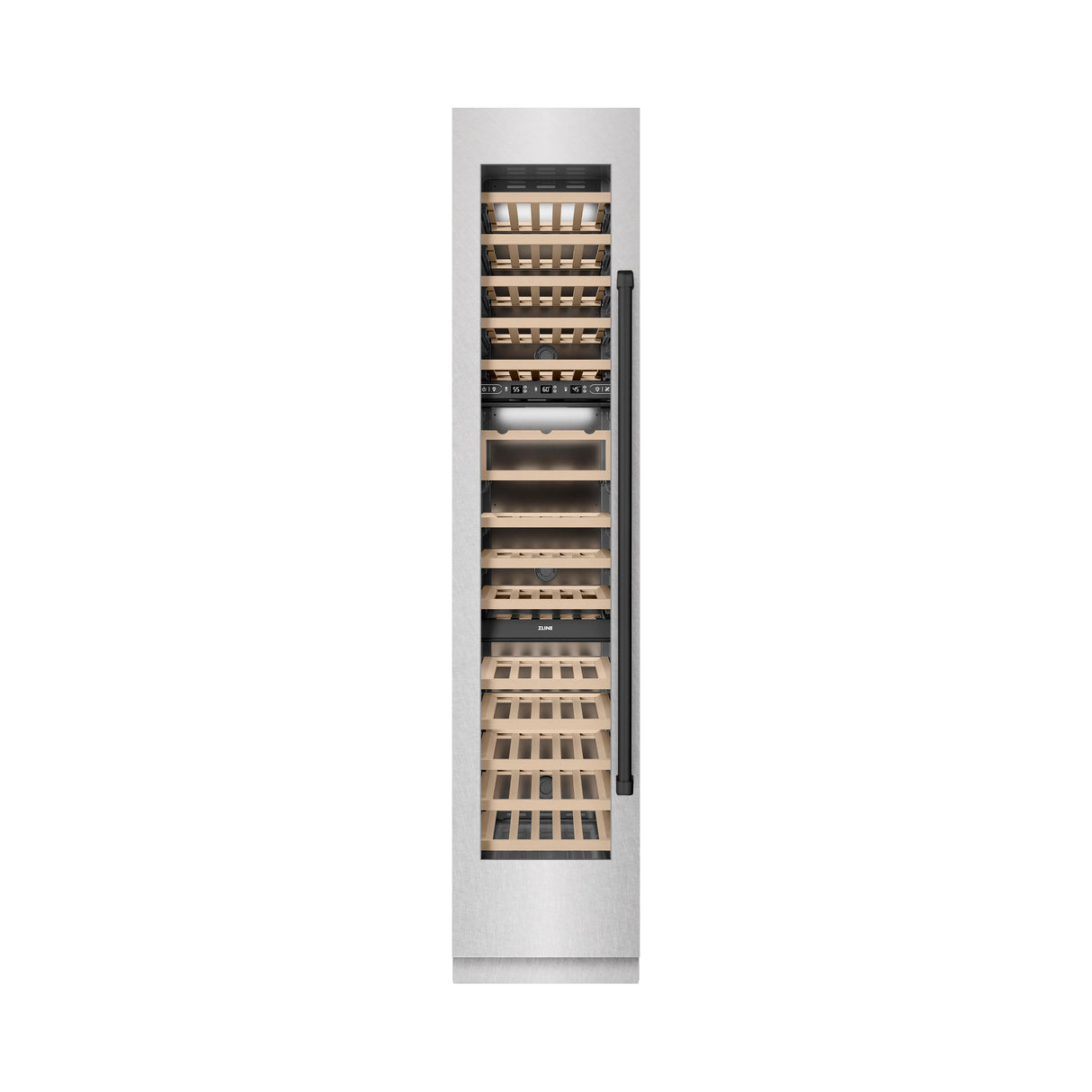 ZLINE Autograph Edition 18 in. 9.0 cu. ft. Triple Zone 68 Bottle Left Hinge Column Wine Cooler in Satin Stainless Steel with Matte Black Accents (RCWVLZ-SN-18-MB)