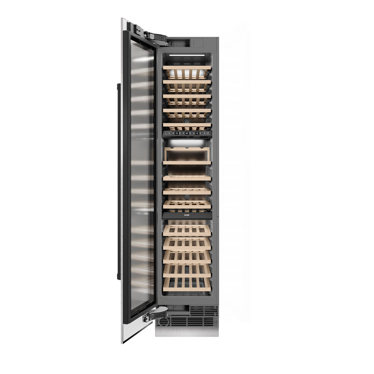 ZLINE Autograph Edition 18 in. 9.0 cu. ft. Triple Zone 68 Bottle Left Hinge Column Wine Cooler in Satin Stainless Steel with Matte Black Accents (RCWVLZ-SN-18-MB)