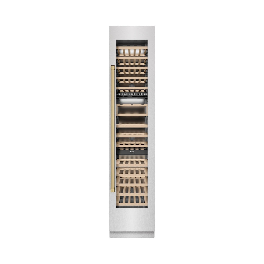 ZLINE Autograph Edition 18 in. 9.0 cu. ft. Triple Zone 68 Bottle Right Hinge Column Wine Cooler in Satin Stainless Steel with Champagne Bronze Accents (RCWVRZ-SN-18-CB)