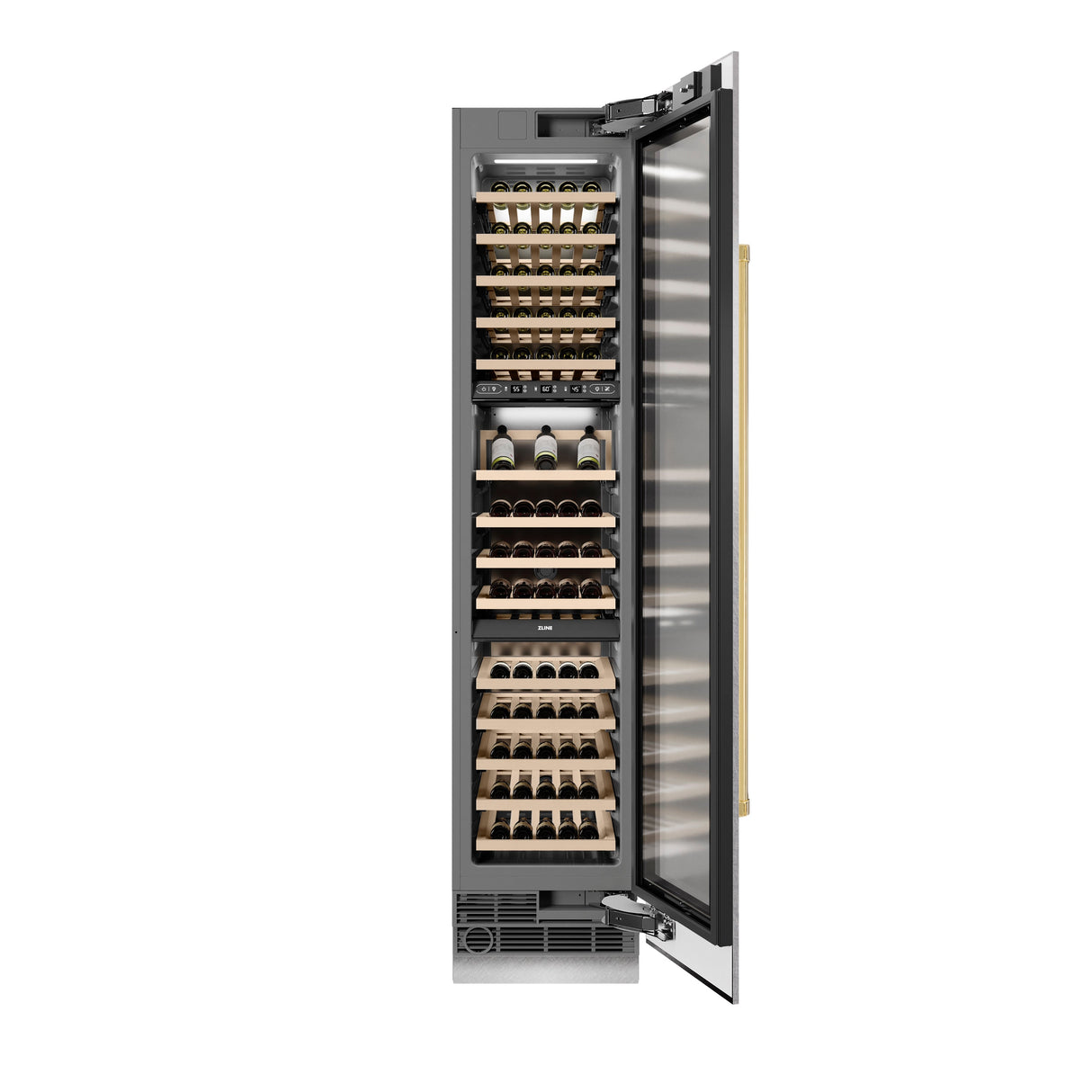 ZLINE Autograph Edition 18 in. 9.0 cu. ft. Triple Zone 68 Bottle Right Hinge Column Wine Cooler in Satin Stainless Steel with Polished Gold Accents (RCWVRZ-SN-18-G)