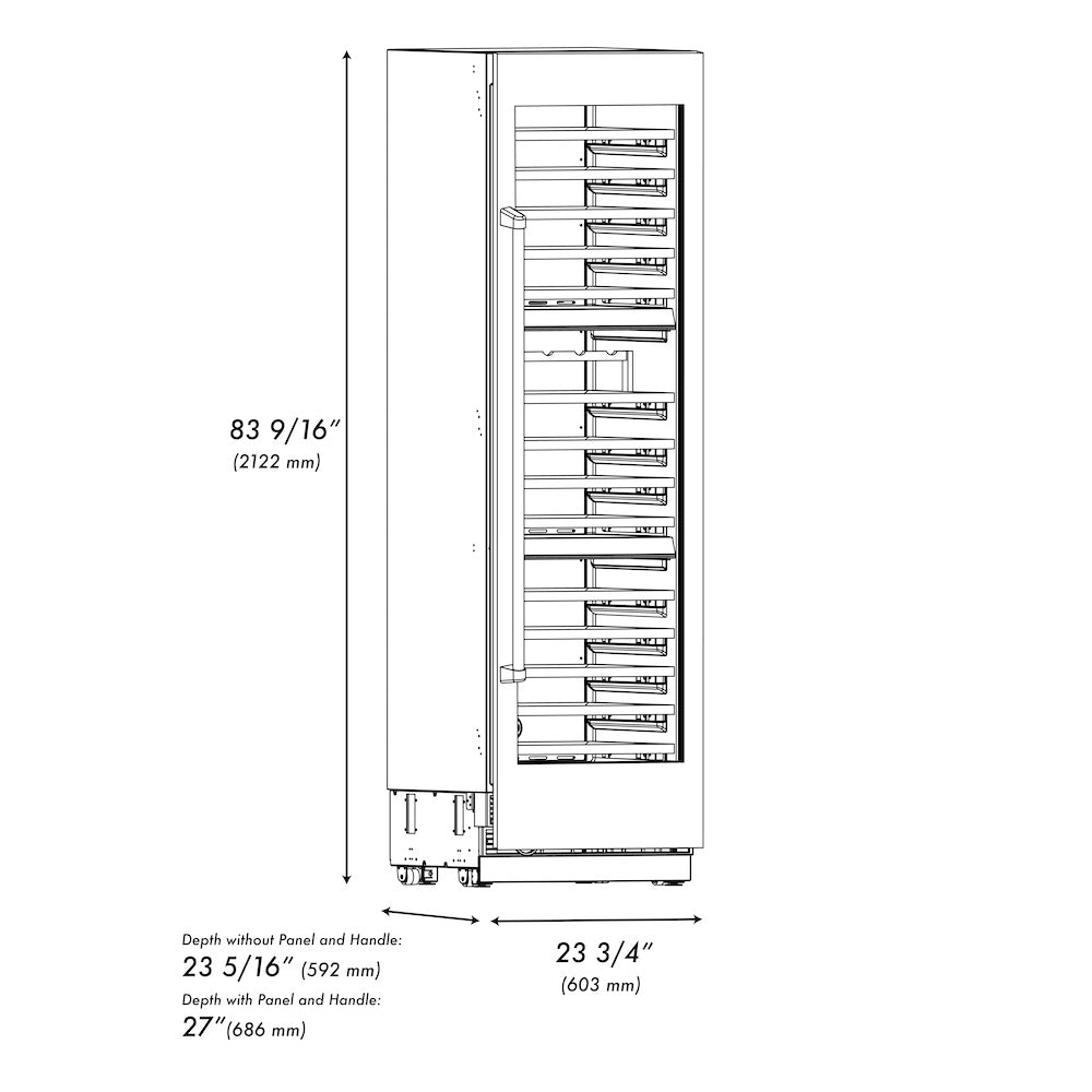 ZLINE Autograph Edition 24 in. 12.4 cu. ft. Triple Zone 100 Bottle Column Wine Cooler in Satin Stainless Steel and Champagne Bronze Accents (RCWVZ-SN-24-CB)