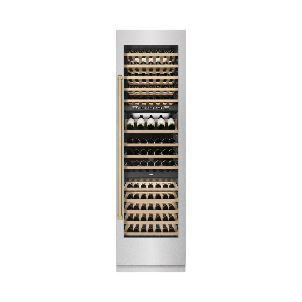ZLINE Autograph Edition 24 in. 12.4 cu. ft. Triple Zone 100 Bottle Column Wine Cooler in Satin Stainless Steel and Champagne Bronze Accents (RCWVZ-SN-24-CB)