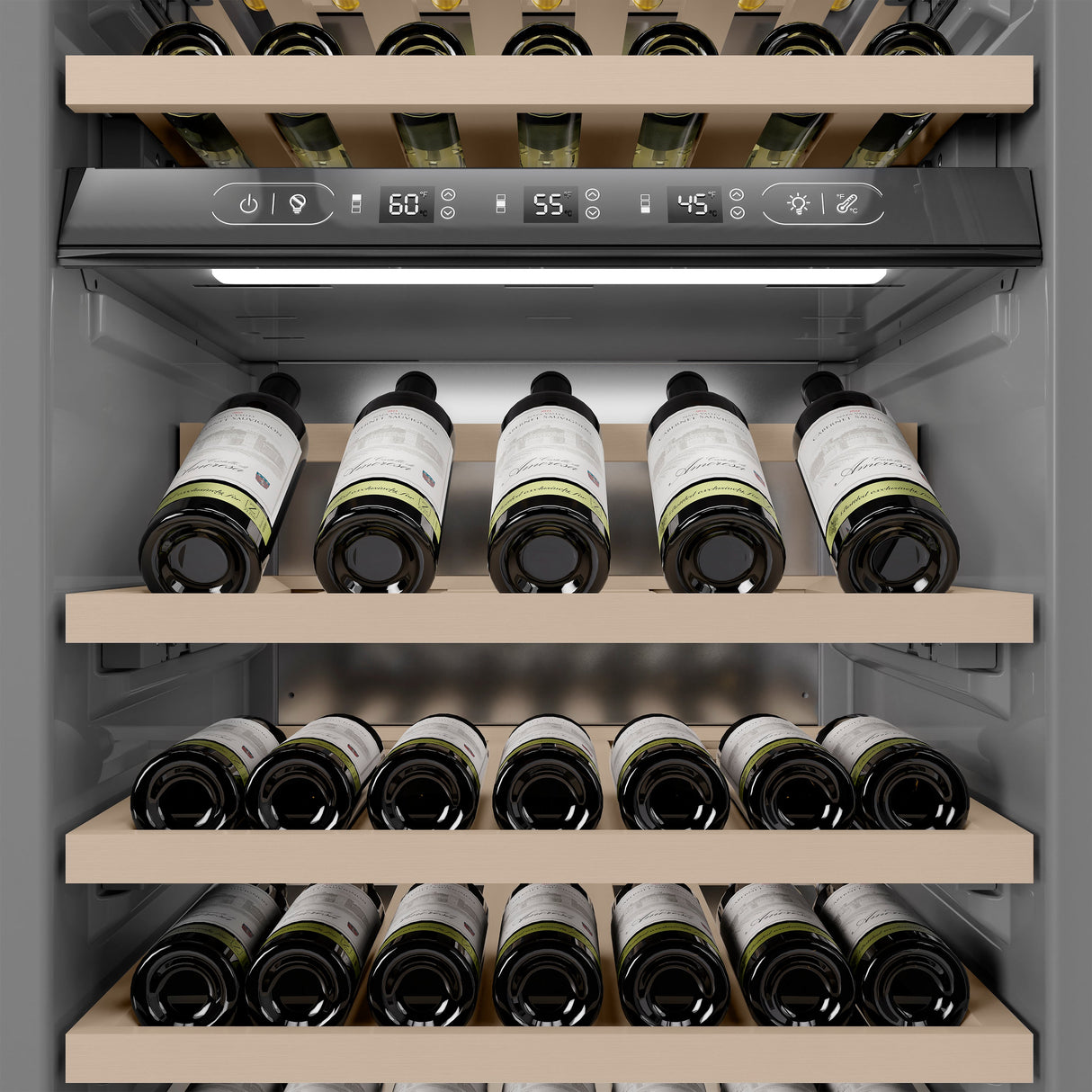 ZLINE Autograph Edition 24 in. 12.4 cu. ft. Triple Zone 100 Bottle Column Wine Cooler in Satin Stainless Steel and Polished Gold Accents (RCWVZ-SN-24-G)