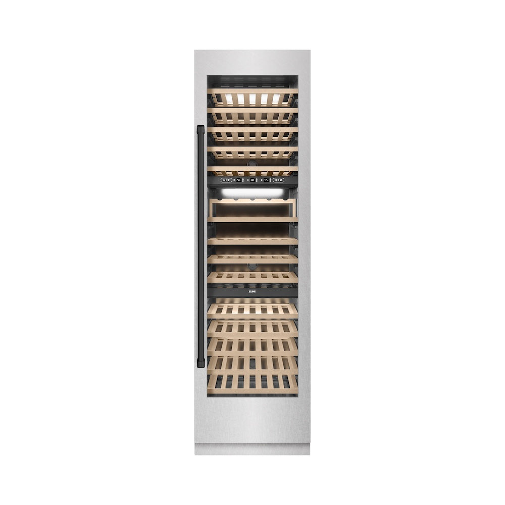 ZLINE Autograph Edition 24 in. 12.4 cu. ft. Triple Zone 100 Bottle Column Wine Cooler in Satin Stainless Steel and Matte Black Accents (RCWVZ-SN-24-MB)