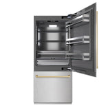 ZLINE Autograph Edition 36 in. 19.8 cu. ft. Built-In Bottom Freezer Refrigerator with Water Dispenser and Ice Maker in Satin Stainless Steel with Graphite Gray Interior and Champagne Bronze Accents (GRBITZ-SN-36-CB)