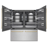 ZLINE Autograph Edition 72 in. 39.6 cu. ft. French Door Built-In Bottom Freezer Refrigerator with Water Dispensers and Ice Makers in Satin Stainless Steel with Graphite Gray Interior and Champagne Bronze Accents (GRBITZ-SN-72-CB)