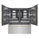 ZLINE Autograph Edition 72 in. 39.6 cu. ft. French Door Built-In Bottom Freezer Refrigerator with Water Dispensers and Ice Makers in Satin Stainless Steel with Graphite Gray Interior and Champagne Bronze Accents (GRBITZ-SN-72-CB)