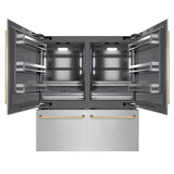 ZLINE Autograph Edition 72 in. 39.6 cu. ft. French Door Built-In Bottom Freezer Refrigerator with Water Dispensers and Ice Makers in Satin Stainless Steel with graphite Gray Interior and Polished Gold Accents (GRBITZ-SN-72-G)