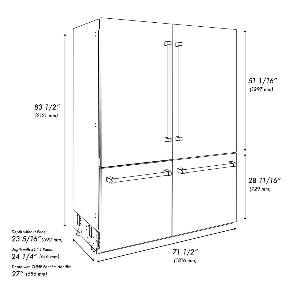 ZLINE Autograph Edition 72 in. 39.6 cu. ft. French Door Built-In Bottom Freezer Refrigerator with Water Dispensers and Ice Makers in Satin Stainless Steel with Graphite Gray Interior and Matte Black Accents (GRBITZ-SN-72-MB)