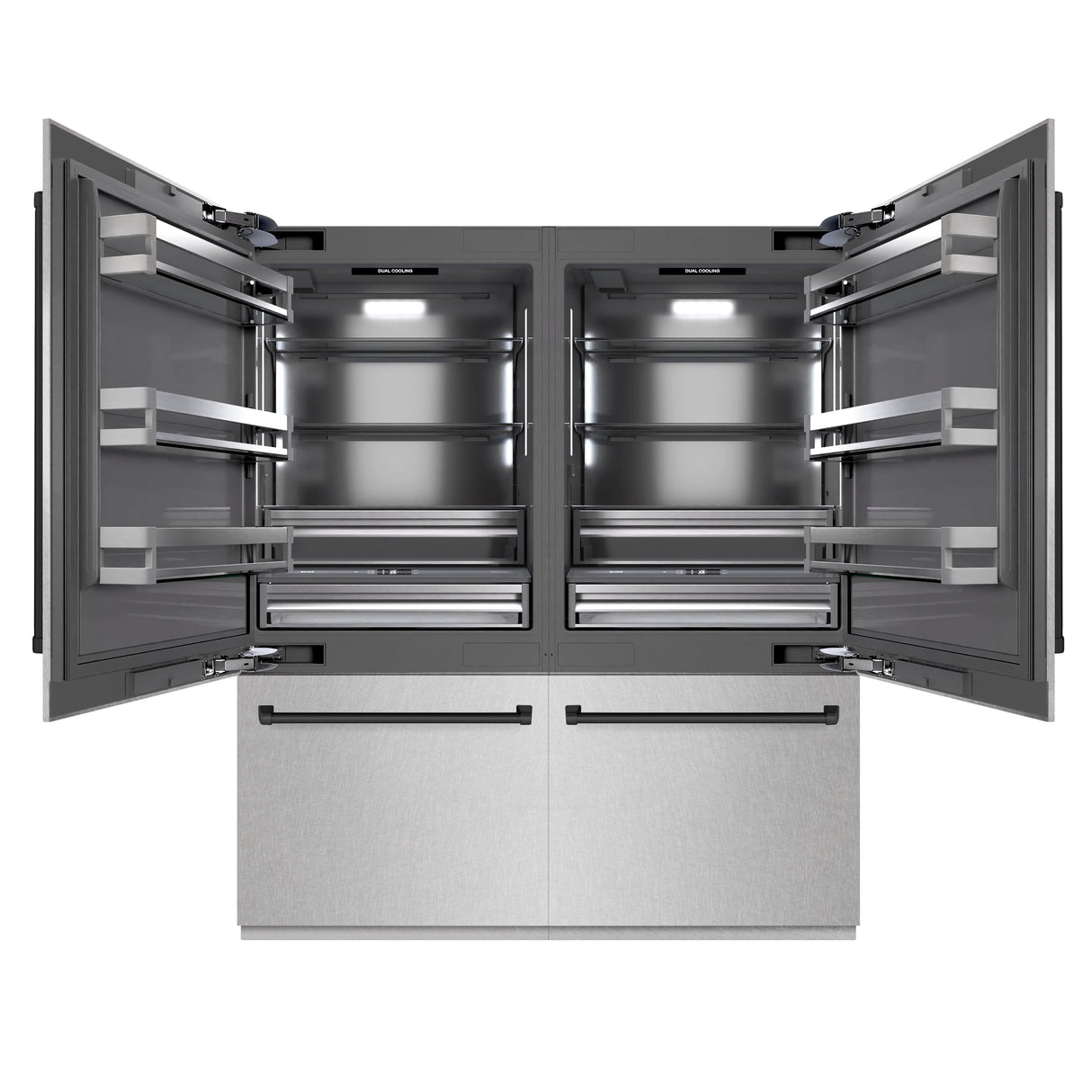 ZLINE Autograph Edition 72 in. 39.6 cu. ft. French Door Built-In Bottom Freezer Refrigerator with Water Dispensers and Ice Makers in Satin Stainless Steel with Graphite Gray Interior and Matte Black Accents (GRBITZ-SN-72-MB)