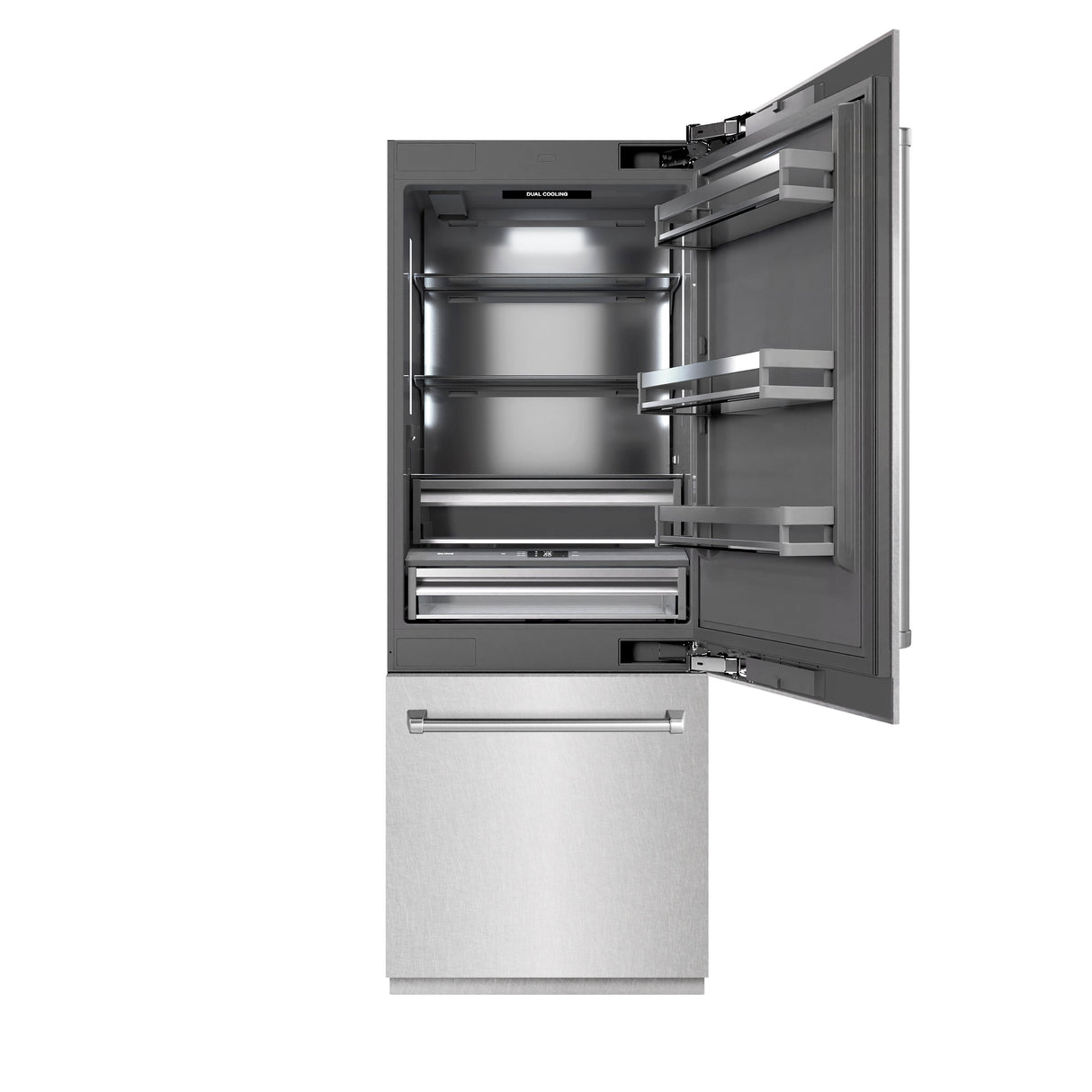 ZLINE 30 in. 16.1 cu. ft. Built-In Bottom Freezer Refrigerator with Water Dispenser and Ice Maker in Satin Stainless Steel with Graphite Gray Interior (GRBIV-SN-30)
