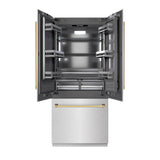 ZLINE Autograph Edition 36 in. 19.6 cu. ft. French Door Built-In Bottom Freezer Refrigerator with Water Dispenser and Ice Maker in Satin Stainless Steel with Graphite Gray Interior and Polished Gold Accents (GRBIVZ-SN-36-G)