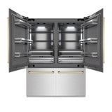 ZLINE Autograph Edition 60 in. 32.2 cu. ft. French Door Built-In Bottom Freezer Refrigerator with Water Dispenser and Ice Maker in Satin Stainless Steel with Graphite Gray Interior and Polished Gold Accents (GRBIVZ-SN-60-G)